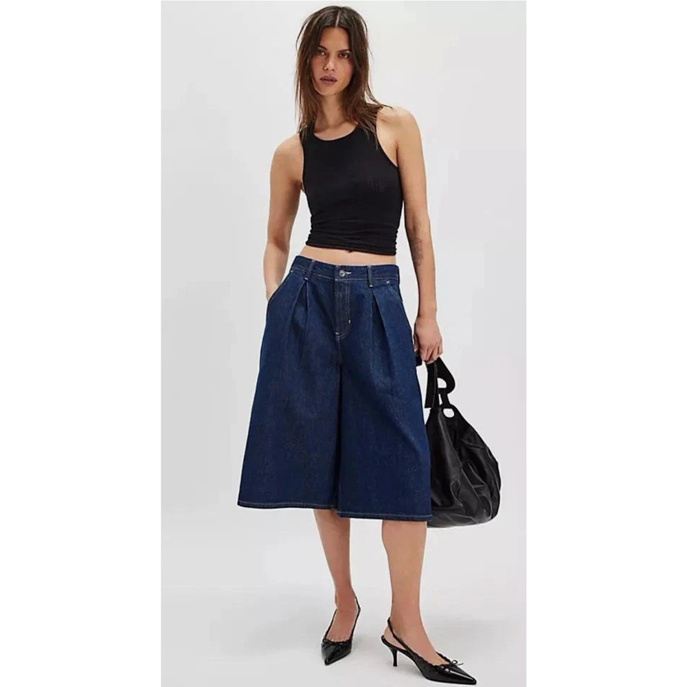 NEW FREE PEOPLE WE THE FREE DARK WASH CRVY ANTONIA CROP CULOTTE JEANS SHORTS 24